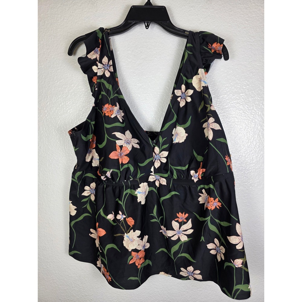 Shade & Shore Women Floral Ruffle Tankini Top Black 3X Plus Size